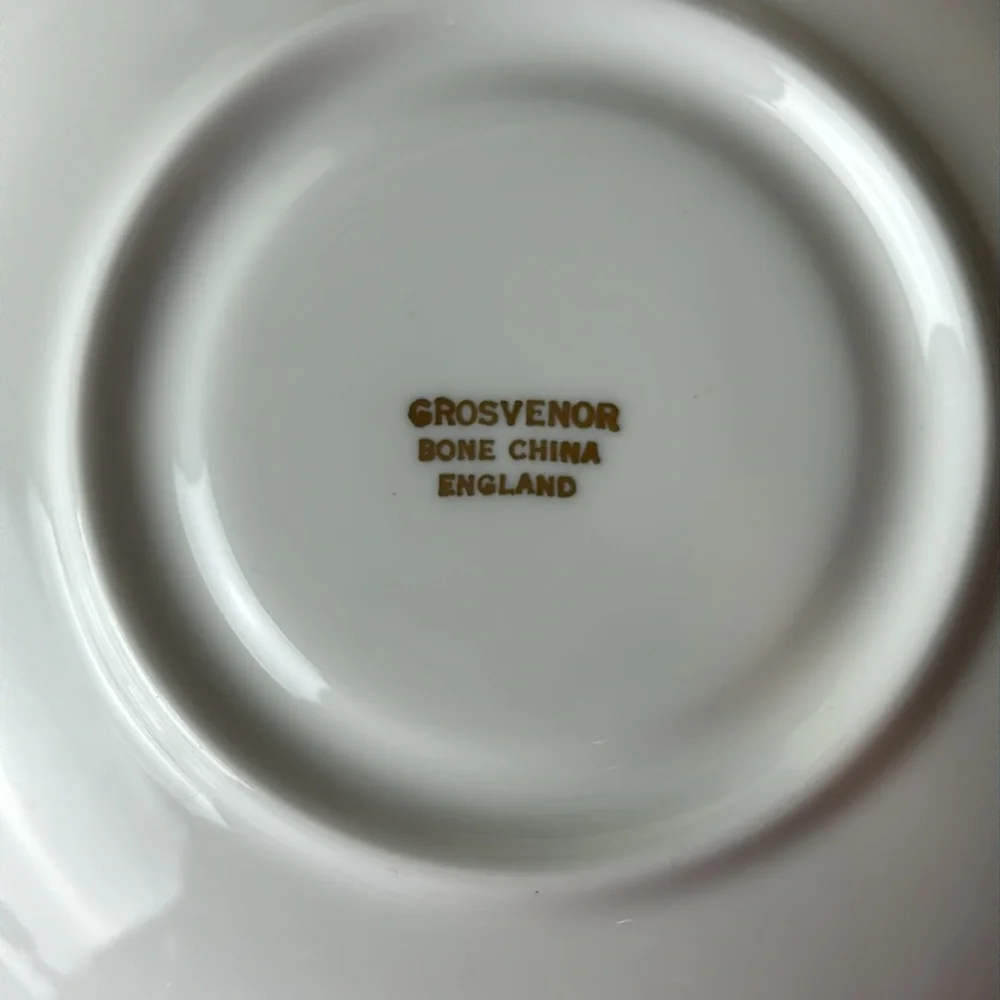 Antique Grosvenor Tea Cup and Saucer Set heavy gold vine with peaches